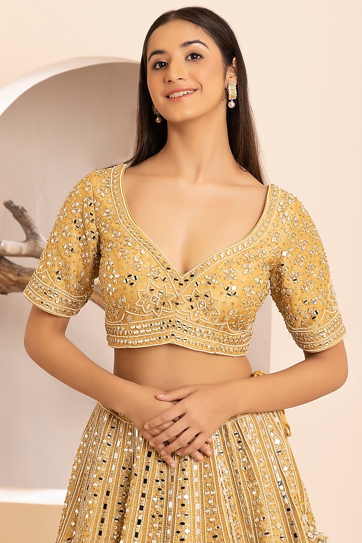 Golden Dupion Silk Embroidered Bridal Lehenga Set by MEHRAB at Pernia's Pop Up Shop