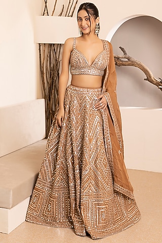 Coffee Dupion Silk Embroidered Lehenga Set by MEHRAB