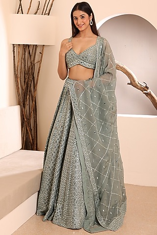 Cyan Dupion Silk Embroidered Lehenga Set by MEHRAB