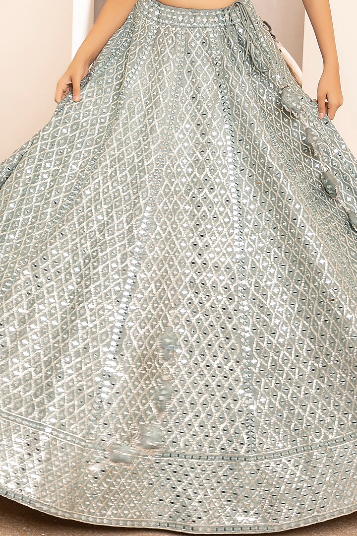 Cyan Dupion Silk Embroidered Wedding Lehenga Set by MEHRAB at Pernia's Pop Up Shop