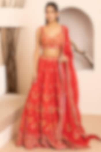 Red Dupion Silk Embroidered Lehenga Set by MEHRAB