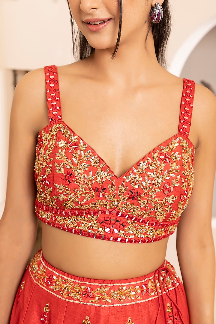 Red Dupion Silk Embroidered Wedding Lehenga Set by MEHRAB at Pernia's Pop Up Shop