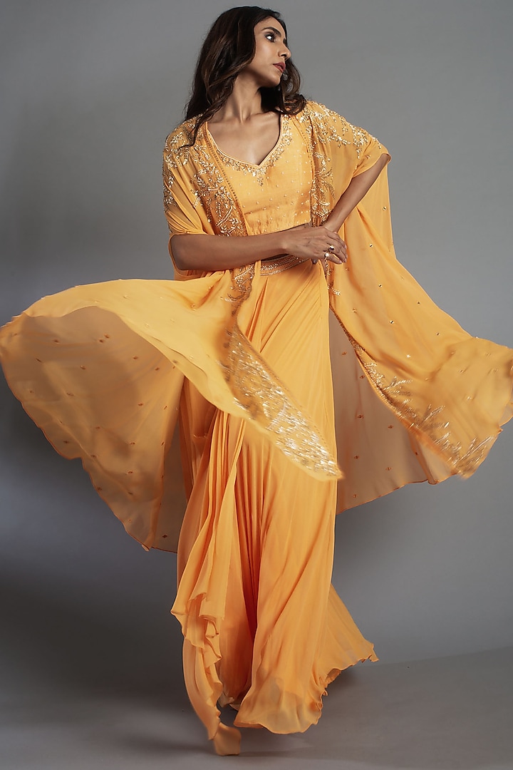 Orange Georgette Draped Skirt Set With Cape by MEHRAB