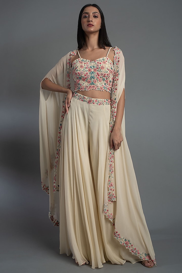Off-White Georgette Sharara Set With Cape by MEHRAB