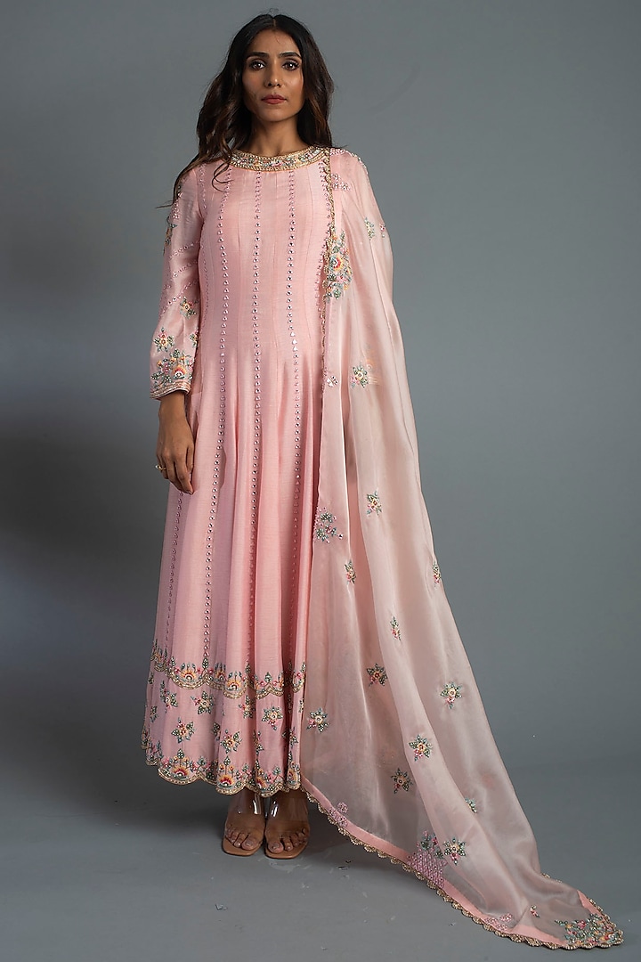 Pink Dupion Anarkali Set by MEHRAB