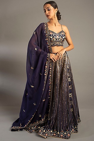 Midnight Blue Embroidered Lehenga Set by MEHRAB