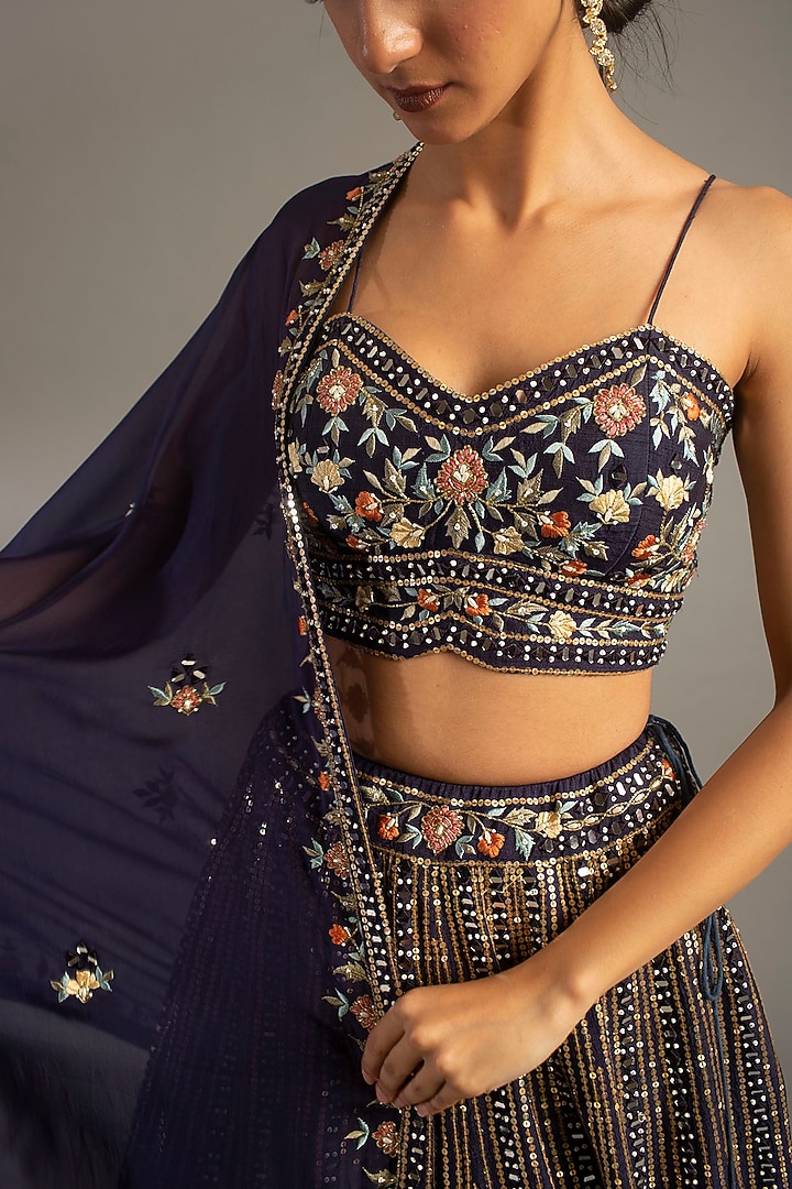 Midnight Blue Embroidered Wedding Lehenga Set by MEHRAB at Pernia's Pop Up Shop