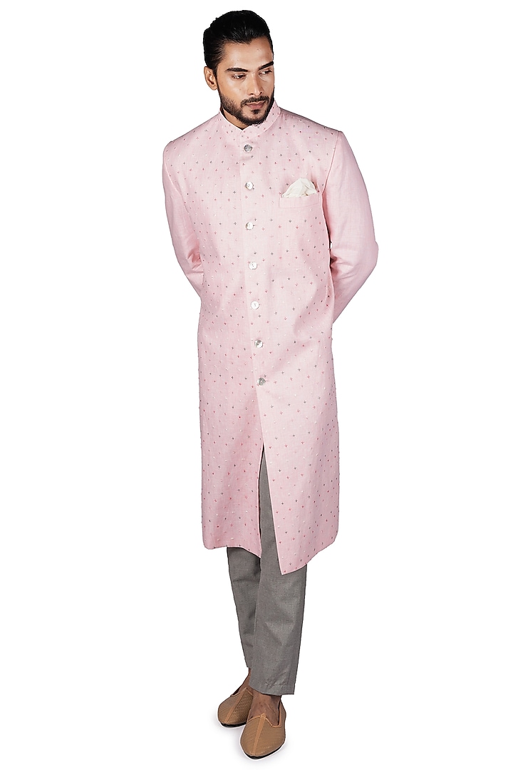 Pink Linen Embroidered Sherwani by Medhavini Khaitan