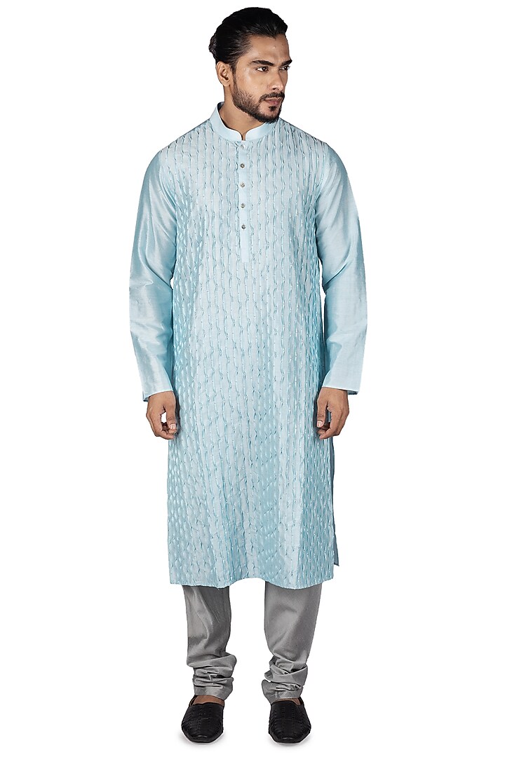 Sky Blue Katan Silk Embroidered Kurta Set by Medhavini Khaitan at Pernia's Pop Up Shop