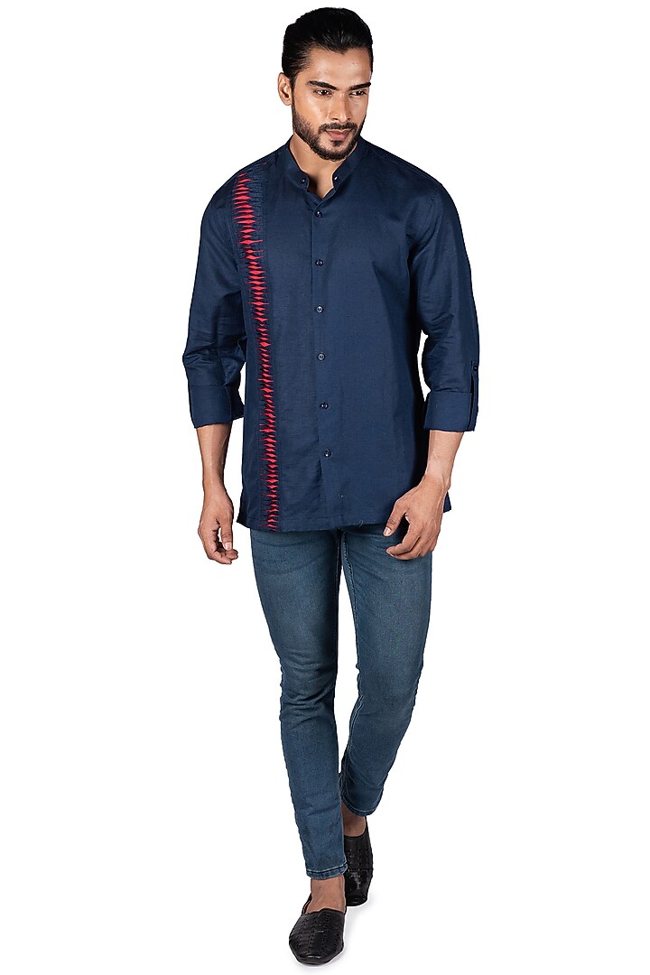 Midnight Blue Linen Party Wear Shirt by Medhavini Khaitan at Pernia's Pop Up Shop