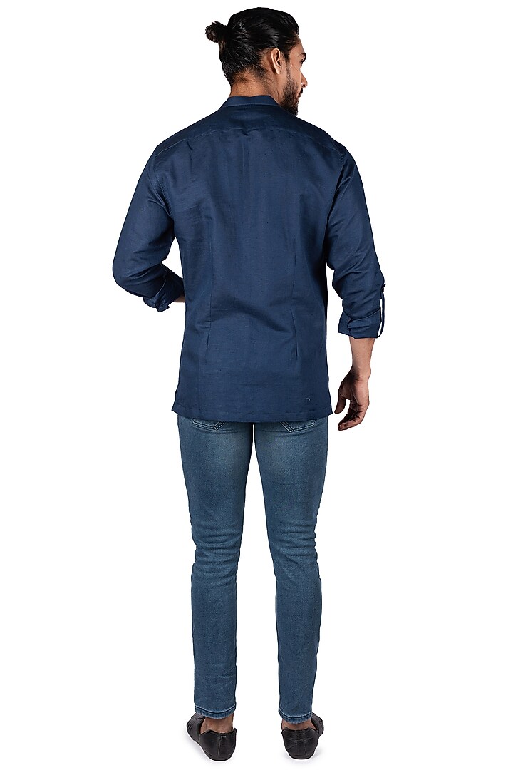 Midnight Blue Linen Party Wear Shirt by Medhavini Khaitan at Pernia's Pop Up Shop