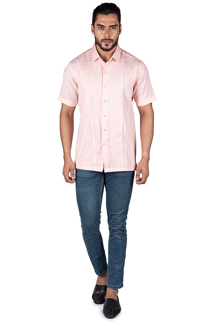 Pink Linen Party Wear Shirt by Medhavini Khaitan at Pernia's Pop Up Shop
