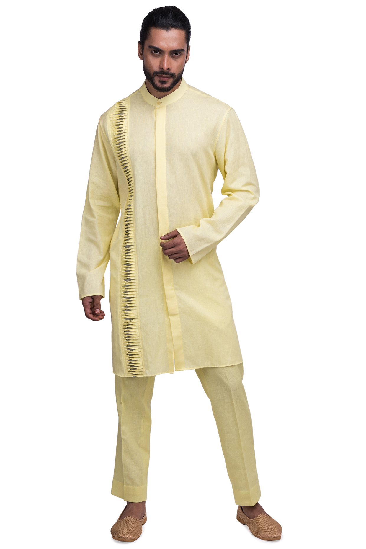 Yellow Khadi Ladder Texture Work Kurta Set by Medhavini Khaitan at Pernia's Pop Up Shop