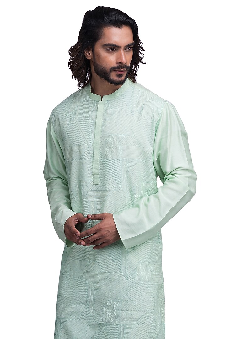 Mint Katan Silk Embroidered Kurta Set by Medhavini Khaitan at Pernia's Pop Up Shop