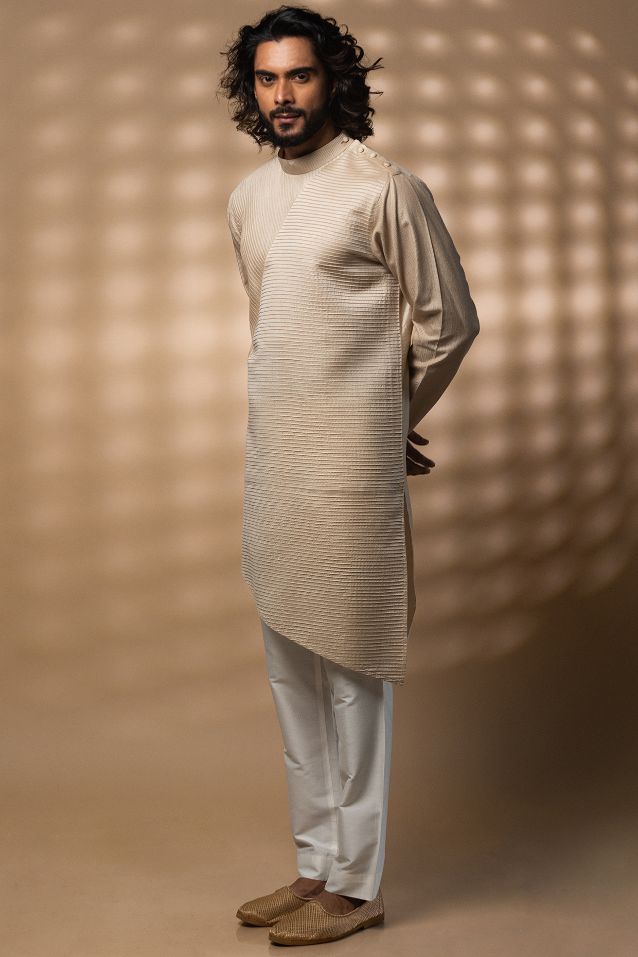 Champagne Katan Silk Asymmetrical Kurta Set by Medhavini Khaitan at Pernia's Pop Up Shop