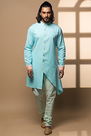 Sky Blue Khadi Asymmetrical Kurta Set by Medhavini Khaitan
