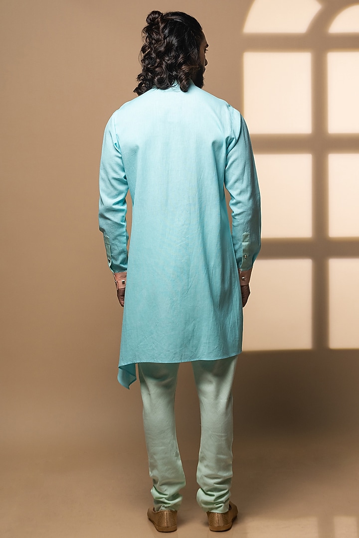 Sky Blue Khadi Asymmetrical Kurta Set by Medhavini Khaitan at Pernia's Pop Up Shop