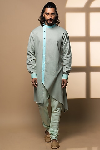 Grey Khadi Asymmetrical Kurta Set by Medhavini Khaitan