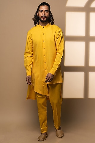 Yellow Khadi Asymmetrical Kurta Set by Medhavini Khaitan