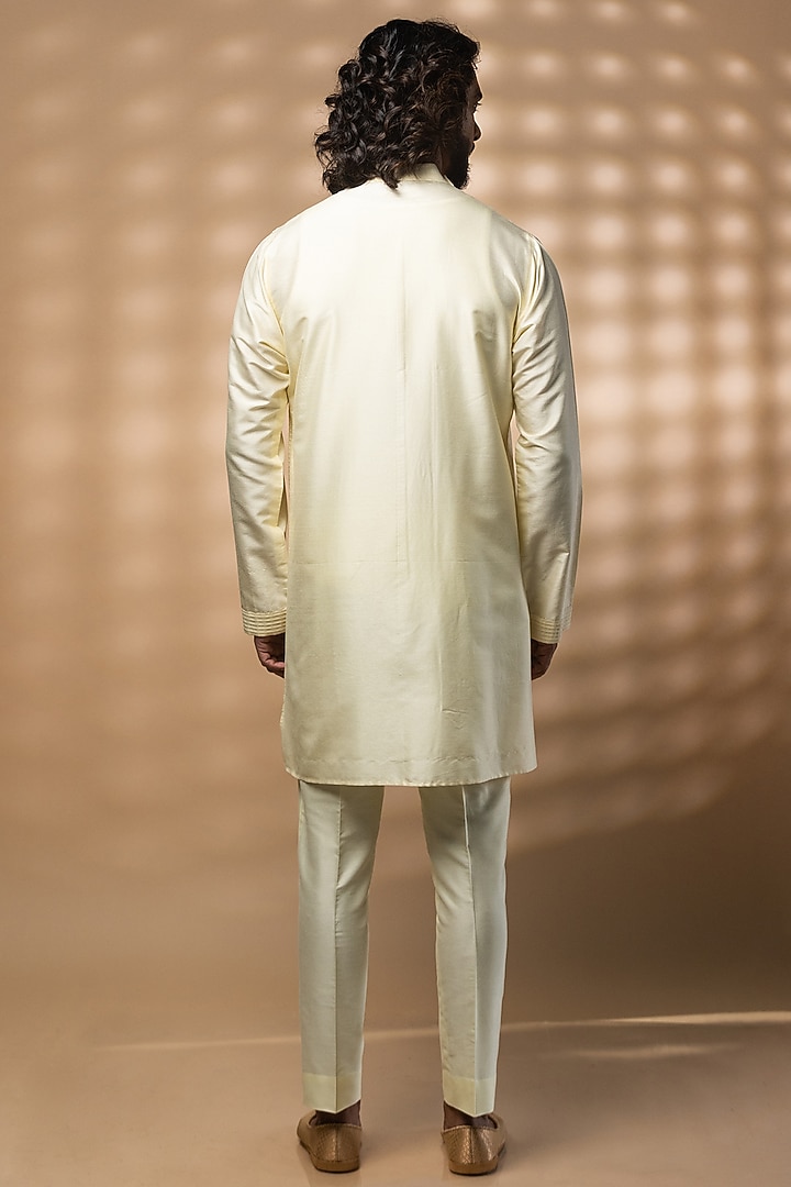 Pale Yellow Katan Silk Kurta Set by Medhavini Khaitan at Pernia's Pop Up Shop