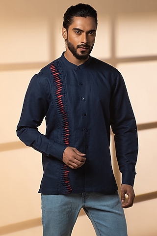 Cobalt Blue Khadi Linen Shirt by Medhavini Khaitan