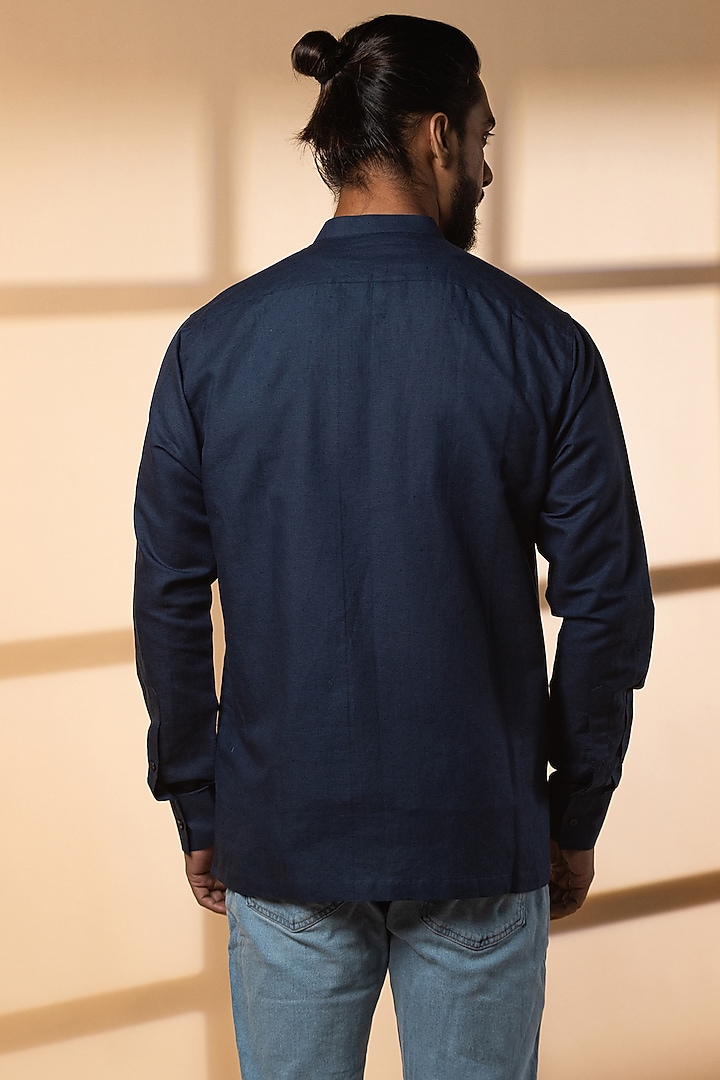 Cobalt Blue Khadi Linen Party Wear Shirt by Medhavini Khaitan at Pernia's Pop Up Shop
