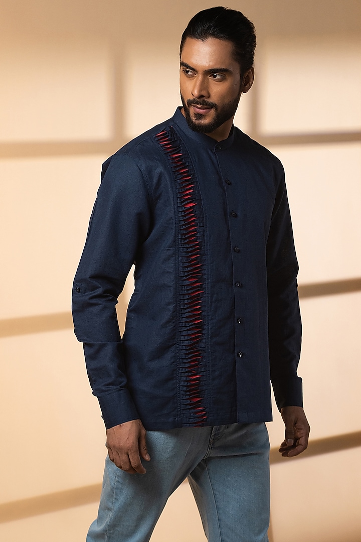 Cobalt Blue Khadi Linen Party Wear Shirt by Medhavini Khaitan at Pernia's Pop Up Shop