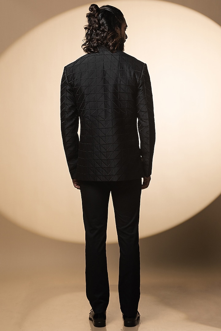 Black Chanderi Embroidered Bandhgala Jacket Set by Medhavini Khaitan at Pernia's Pop Up Shop