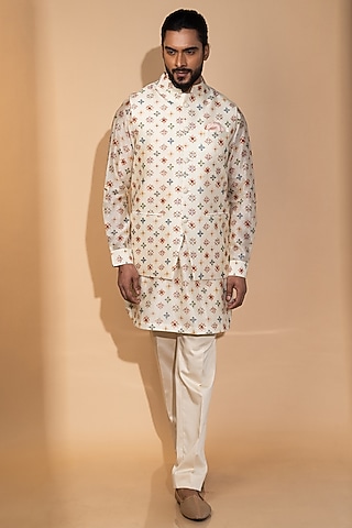 Off-White Chanderi Printed Nehru Jacket Set by Medhavini Khaitan