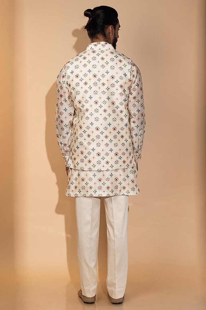 Off-White Chanderi Printed Nehru Jacket Set by Medhavini Khaitan at Pernia's Pop Up Shop