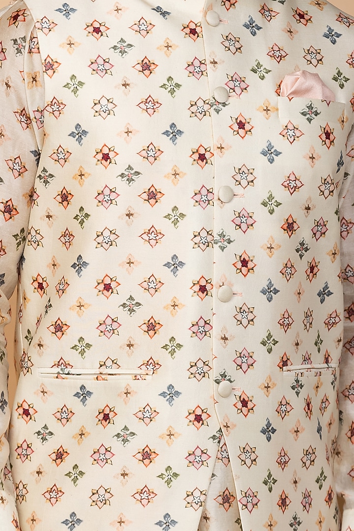 Off-White Chanderi Printed Nehru Jacket Set by Medhavini Khaitan at Pernia's Pop Up Shop