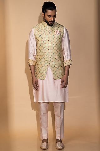 Green Chanderi Printed Nehru Jacket Set by Medhavini Khaitan