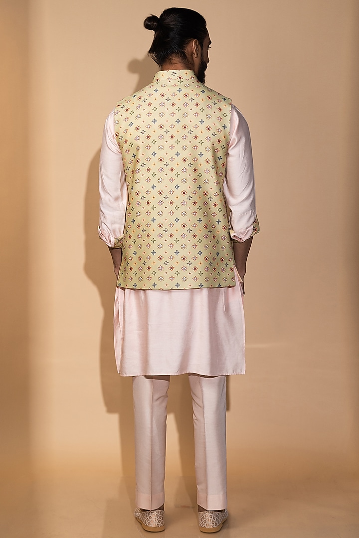Green Chanderi Printed Nehru Jacket Set by Medhavini Khaitan at Pernia's Pop Up Shop