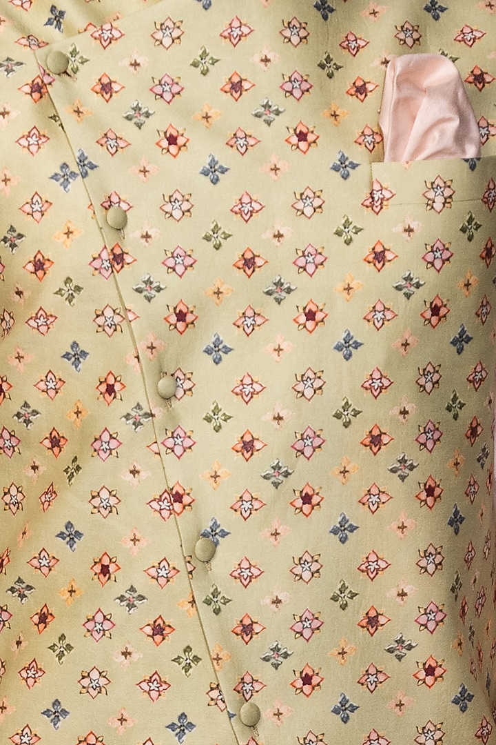 Green Chanderi Printed Nehru Jacket Set by Medhavini Khaitan at Pernia's Pop Up Shop