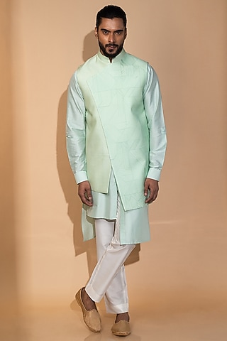 Mint Katan Silk Embroidered Nehru Jacket Set by Medhavini Khaitan