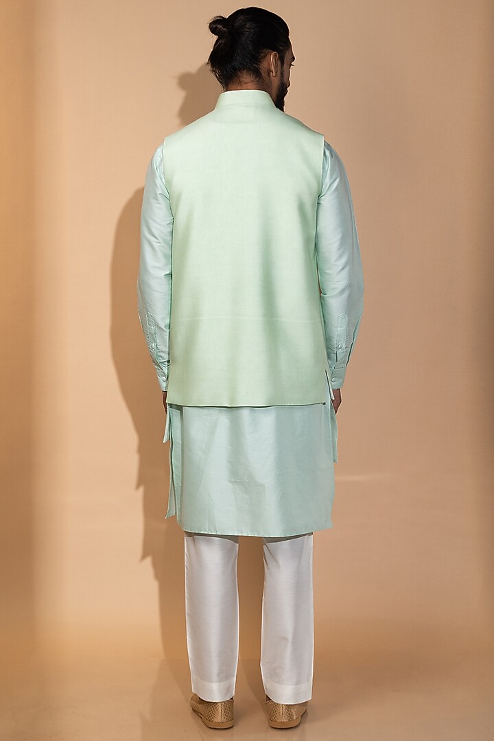 Mint Katan Silk Embroidered Nehru Jacket Set by Medhavini Khaitan at Pernia's Pop Up Shop