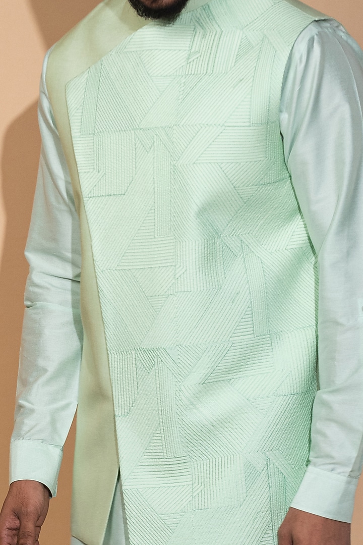 Mint Katan Silk Embroidered Nehru Jacket Set by Medhavini Khaitan at Pernia's Pop Up Shop