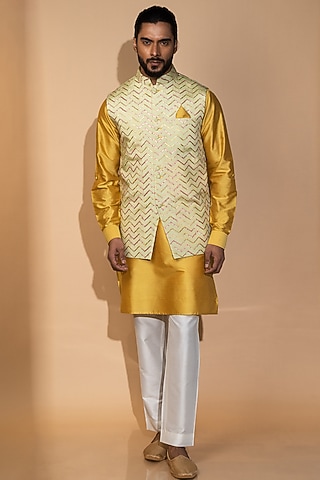 Mint Muslin Embroidered Nehru Jacket Set by Medhavini Khaitan