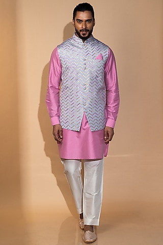Mauve Muslin Embroidered Nehru Jacket Set by Medhavini Khaitan