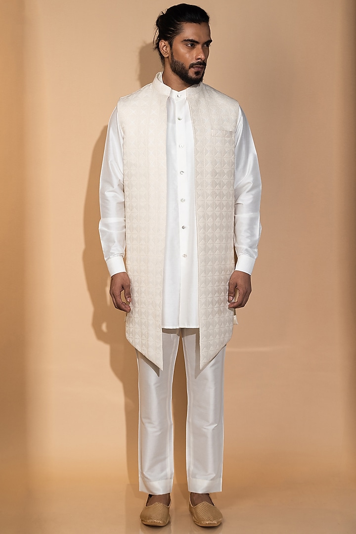 Ivory Muslin Embroidered Indowestern Jacket Set by Medhavini Khaitan