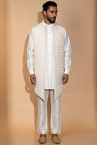 Ivory Muslin Embroidered Indowestern Jacket Set by Medhavini Khaitan