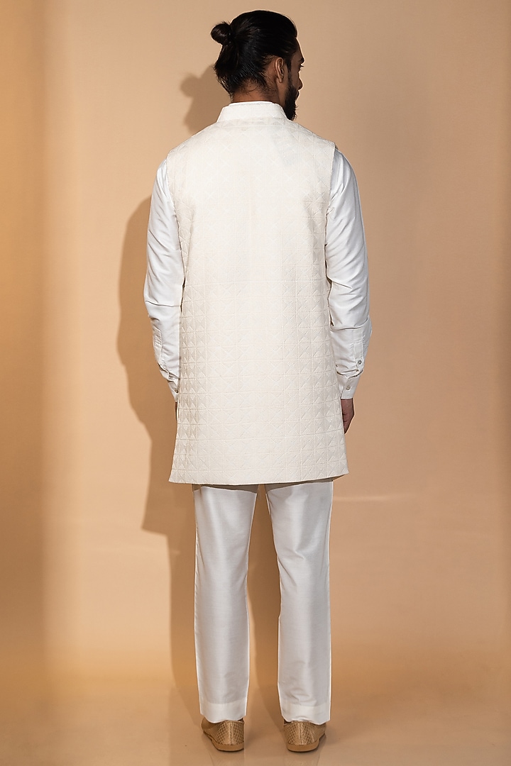 Ivory Muslin Embroidered Indowestern Jacket Set by Medhavini Khaitan at Pernia's Pop Up Shop
