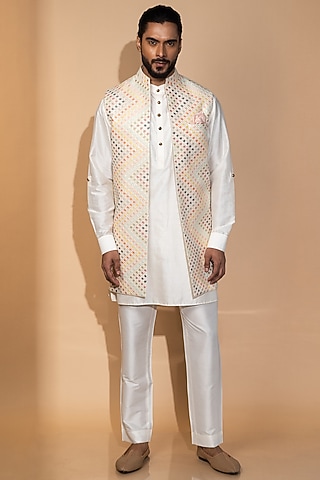 Ivory Chanderi Embroidered Indowestern Jacket Set by Medhavini Khaitan