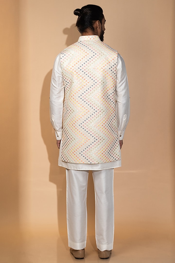 Ivory Chanderi Embroidered Indowestern Jacket Set by Medhavini Khaitan at Pernia's Pop Up Shop