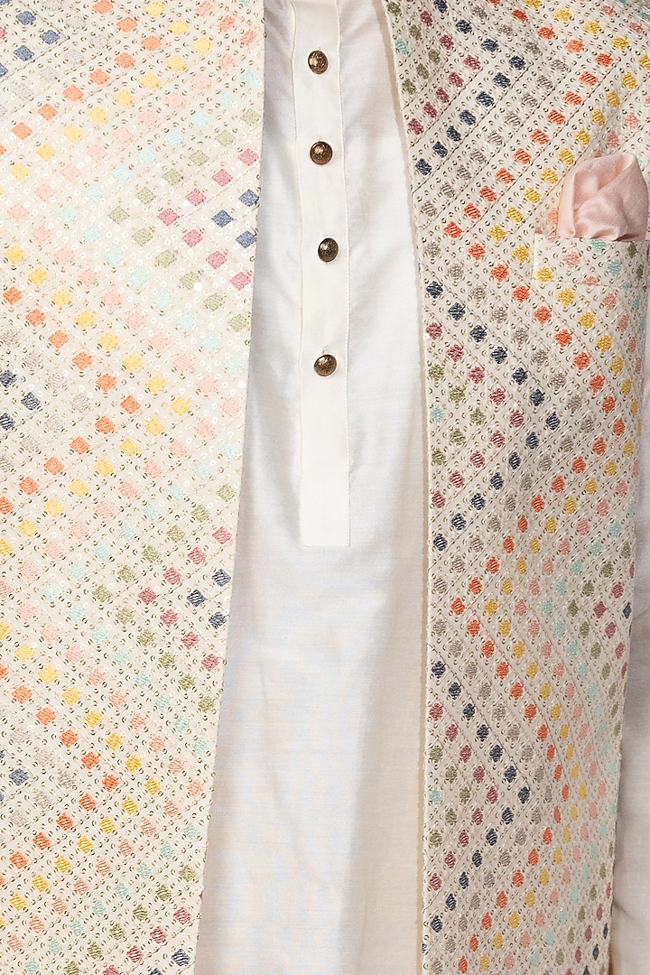 Ivory Chanderi Embroidered Indowestern Jacket Set by Medhavini Khaitan at Pernia's Pop Up Shop