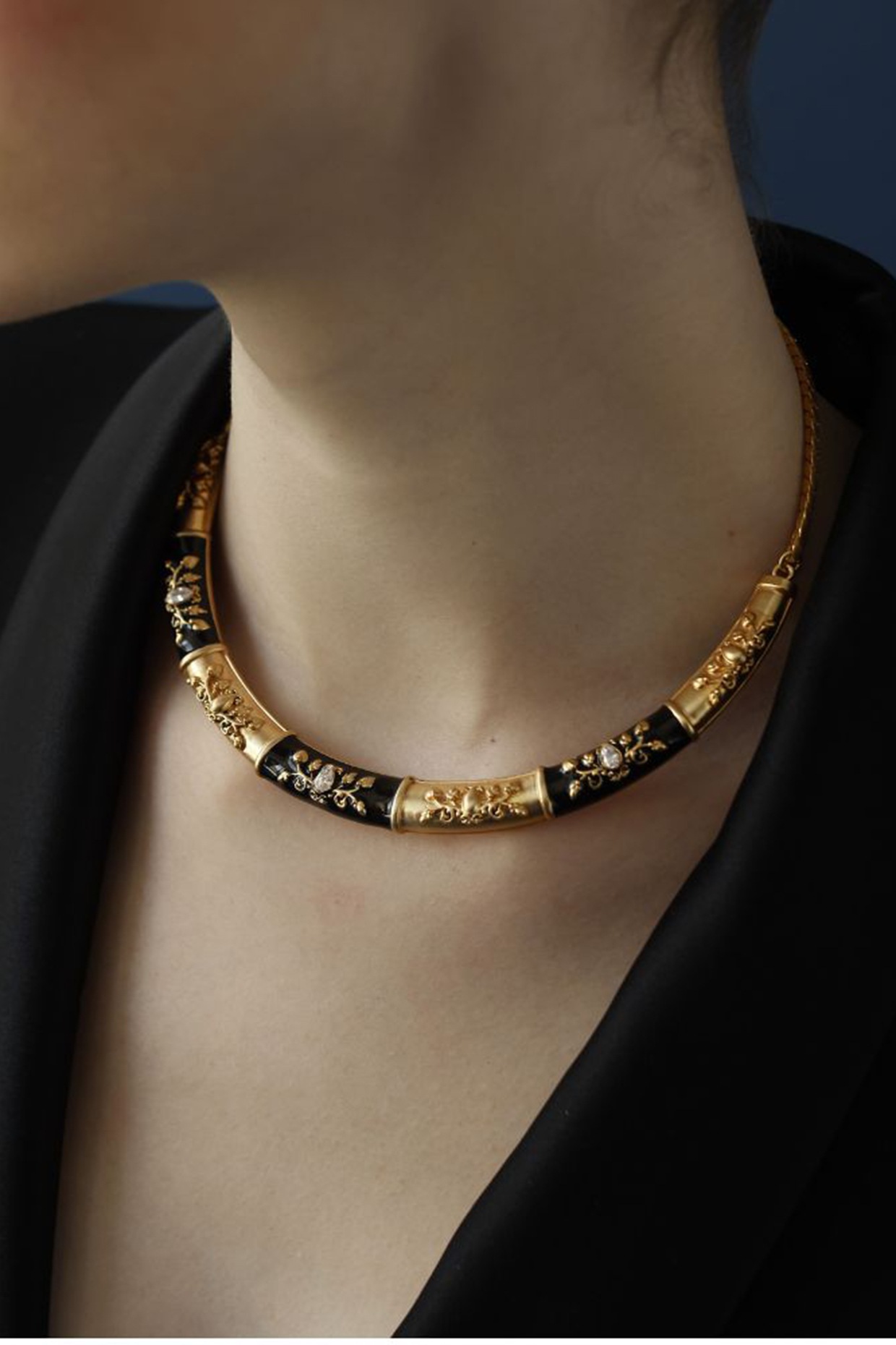 Gold Finish Crystal Enameled Baroque Hasli Necklace by