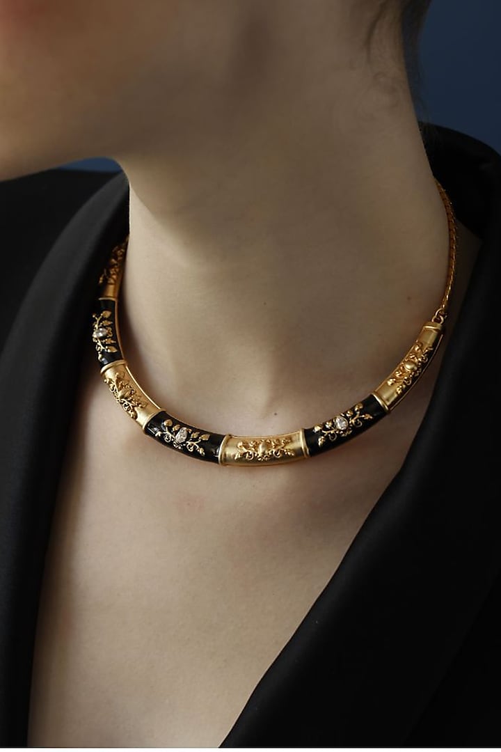 Gold Finish Crystal Enameled Baroque Hasli Necklace by Melrosia at Pernia's Pop Up Shop
