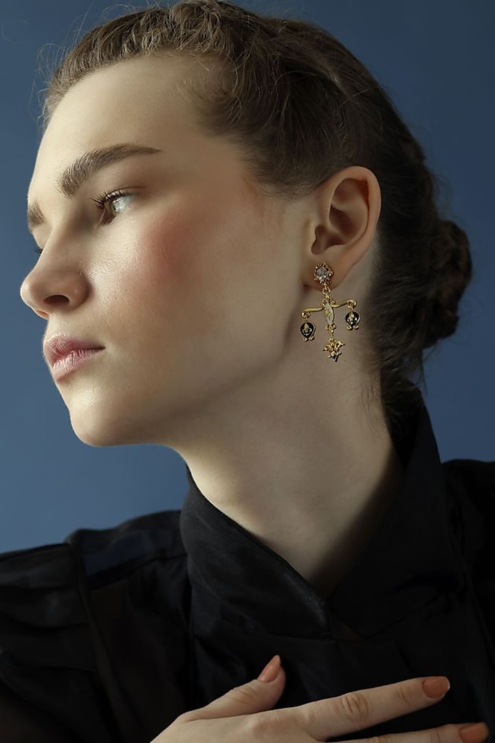 Gold Finish Zircon & Crystal Statement Balance Earrings by Melrosia