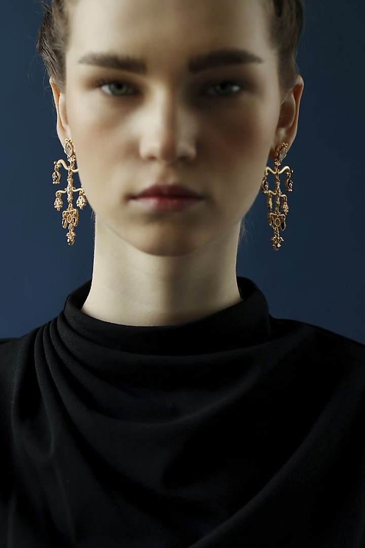 Gold Finish Zircon & Crystal Enameled Balance Earrings by Melrosia