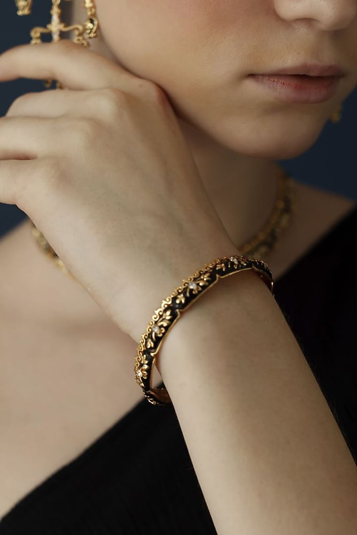 Gold Finish Zircon Enameled Baroque Bangle by Melrosia at Pernia's Pop Up Shop